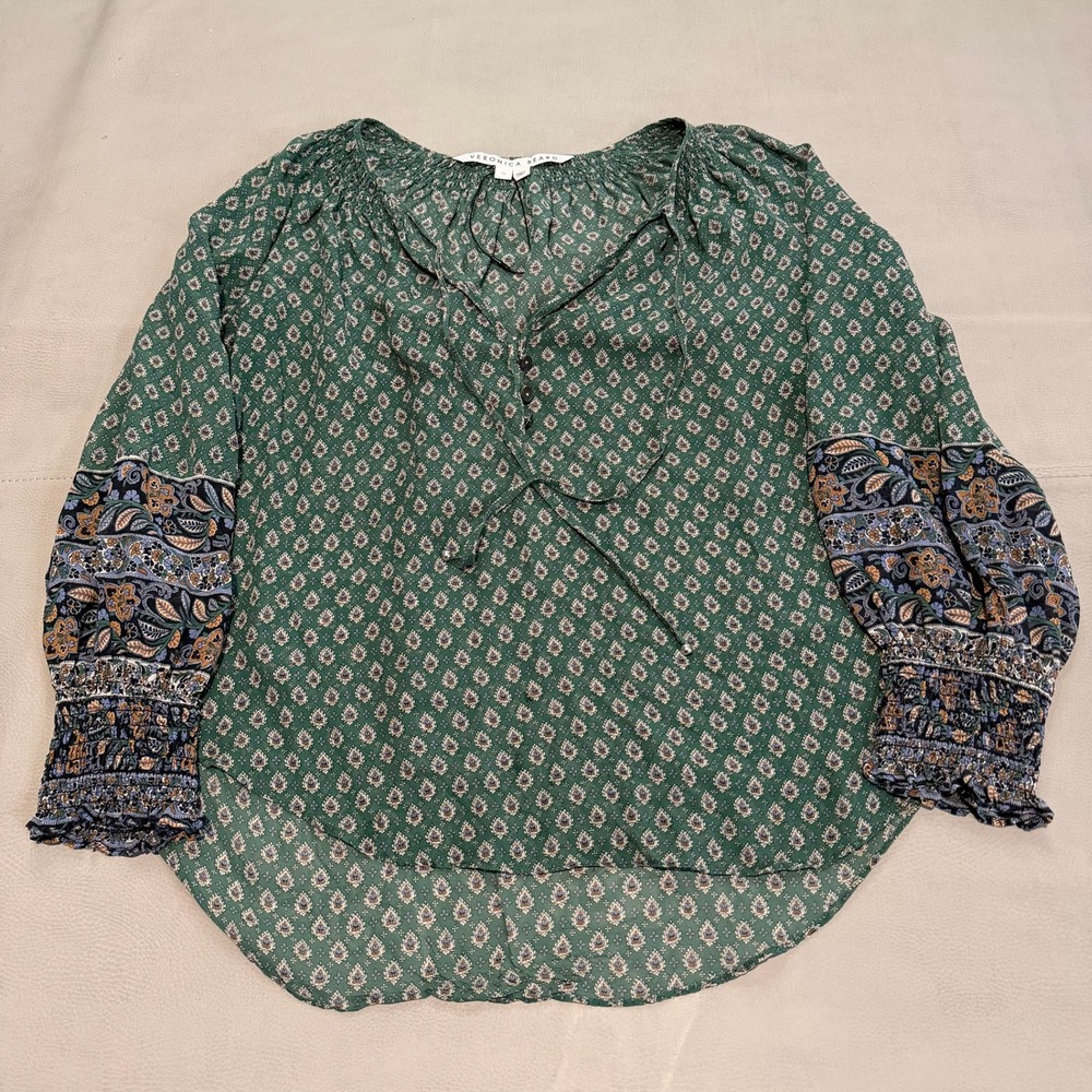 Veronica Beard Silk Paisley Geometric Blouse Green Boho Smock Cuff Top-10-6122